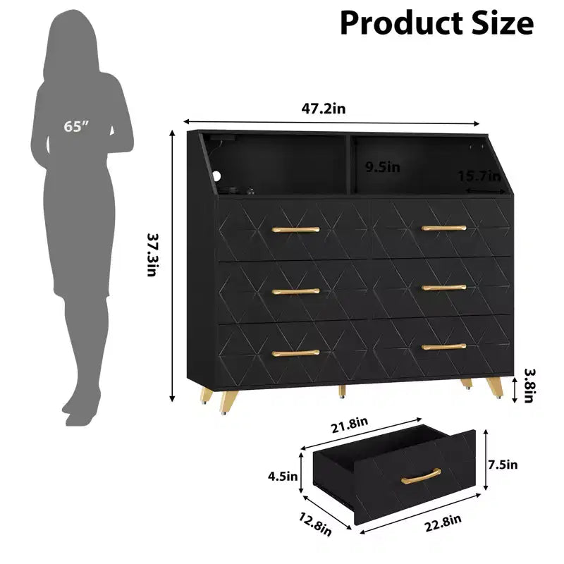 Black Chest of Drawer with Led Light Strip,Modern 6 Drawer Dresser,Charging Station,Open Shelf, Large Wooden Dresser Cabinet for Bedroom, Living Room