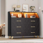 Commode noire avec bande lumineuse LED, commode moderne à 6 tiroirs, station de charge, étagère ouverte, grande commode en bois pour chambre, salon