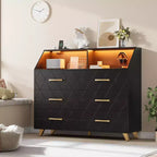 Commode noire avec bande lumineuse LED, commode moderne à 6 tiroirs, station de charge, étagère ouverte, grande commode en bois pour chambre, salon