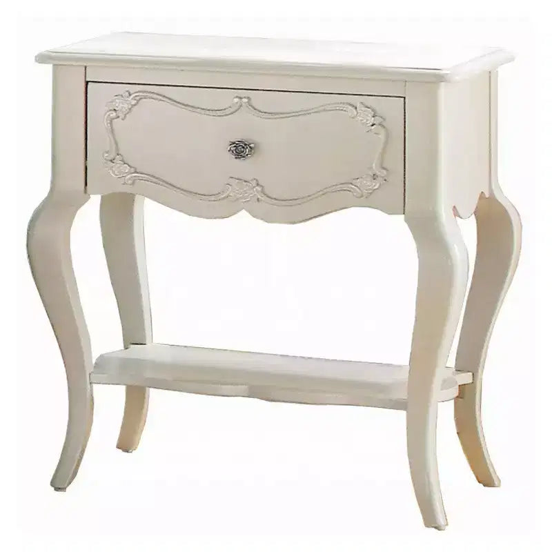Wood Nightstand Pearl White with Carved Drawer and Lower Shelf