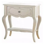 Table de chevet en bois blanc nacré avec tiroir sculpté et étagère inférieure