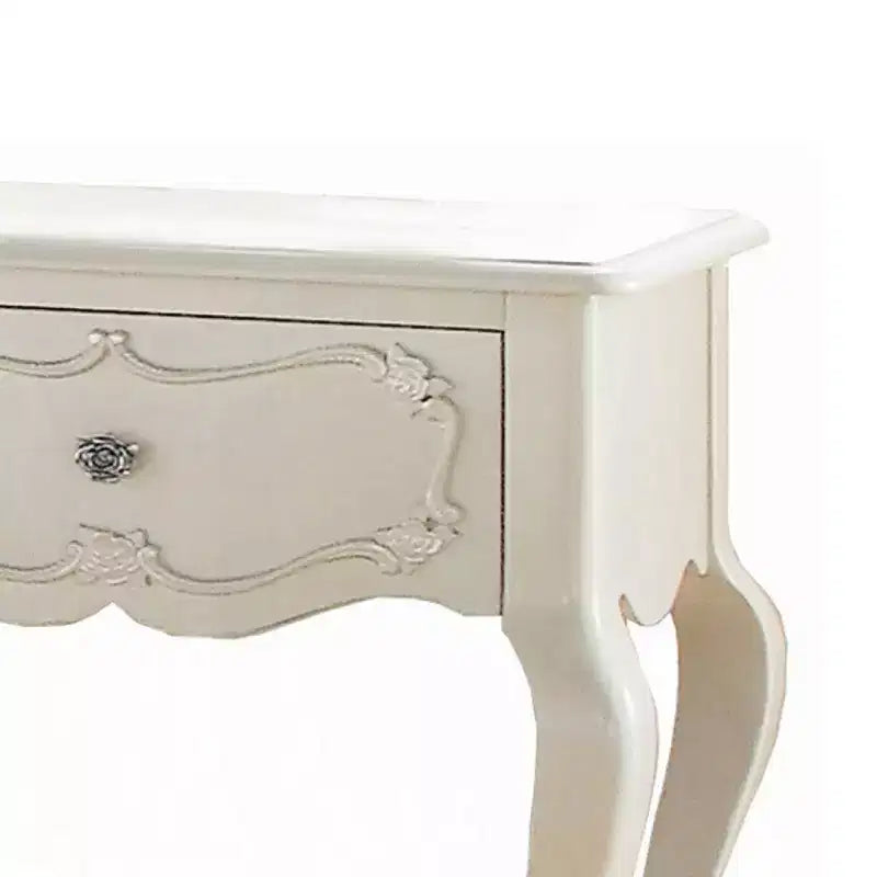 Wood Nightstand Pearl White with Carved Drawer and Lower Shelf