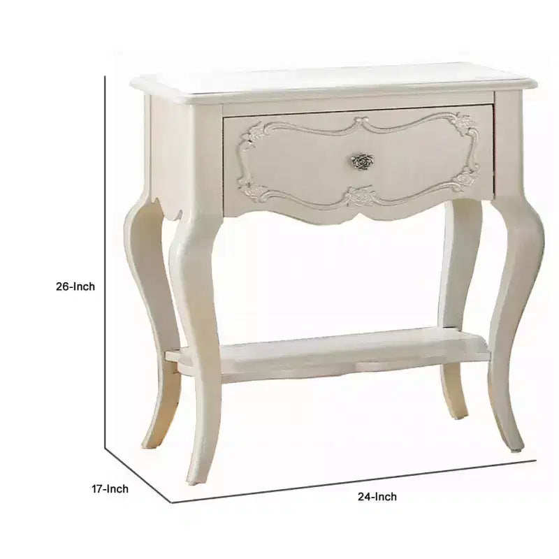 Wood Nightstand Pearl White with Carved Drawer and Lower Shelf