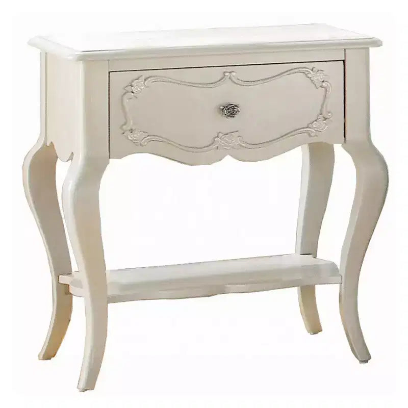 Wood Nightstand Pearl White with Carved Drawer and Lower Shelf