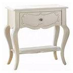 Table de chevet en bois blanc nacré avec tiroir sculpté et étagère inférieure