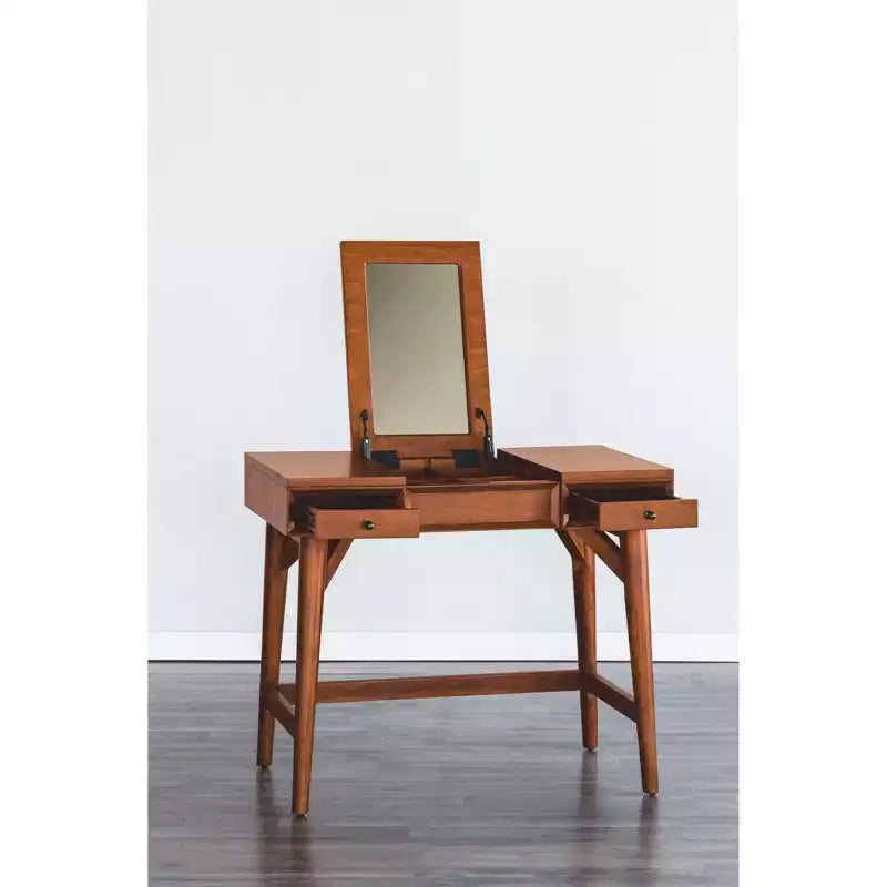 Coiffeuse de chambre mi-siècle avec miroir escamotable, couleur Châtaigne, en Acajou issu de sources durables