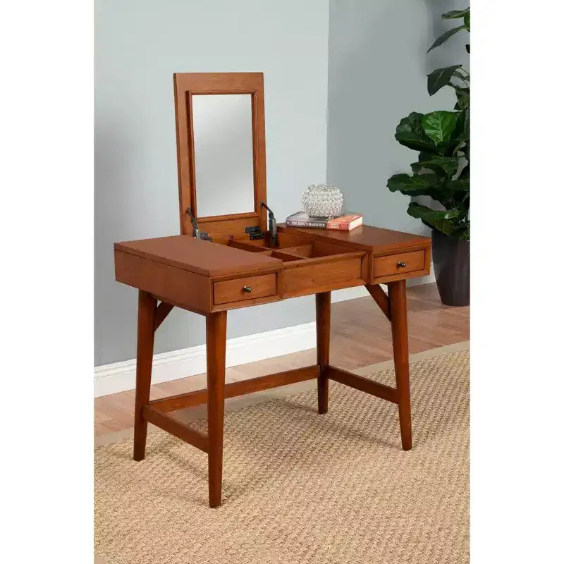 Coiffeuse de chambre mi-siècle avec miroir escamotable, couleur Châtaigne, en Acajou issu de sources durables