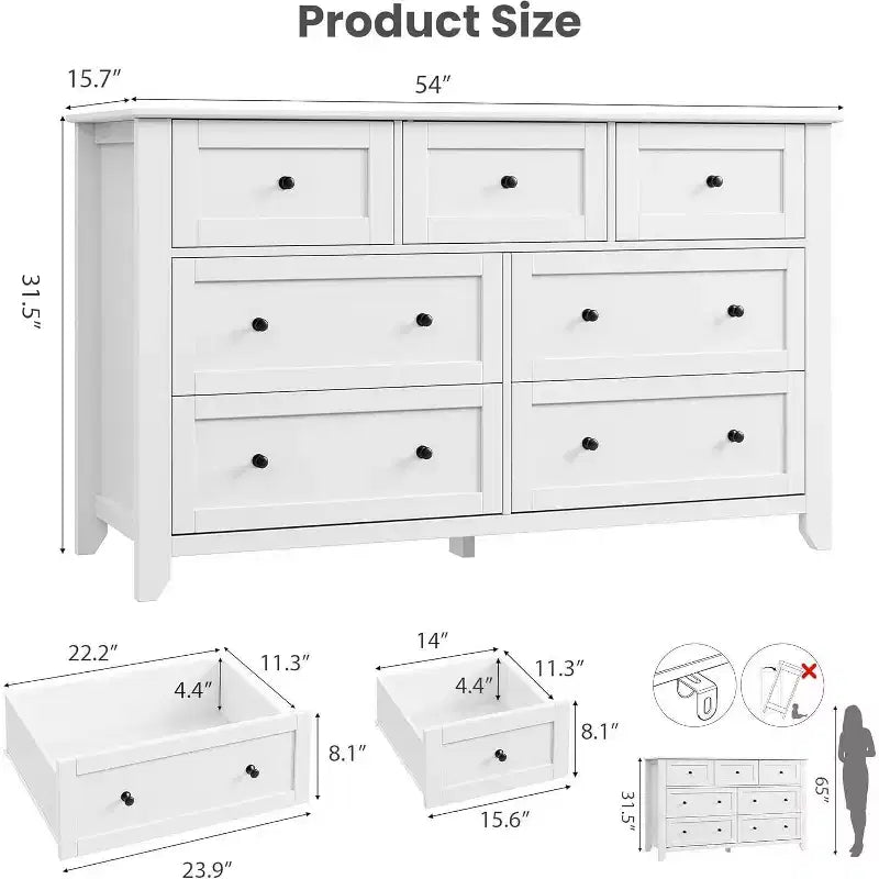 Commode moderne de 137 cm de large à 7 tiroirs pour chambre, entrée, couloir, blanche
