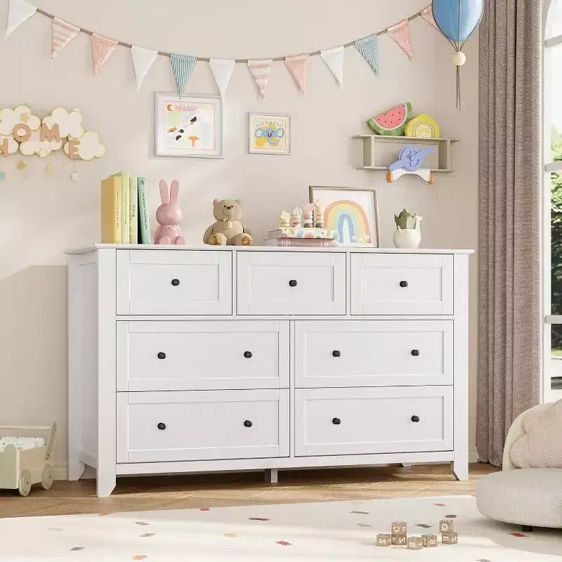 Commode moderne de 137 cm de large à 7 tiroirs pour chambre, entrée, couloir, blanche