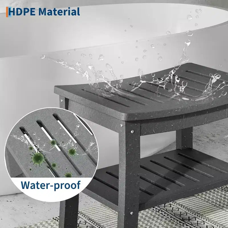 Banc de douche étanche avec étagère de rangement, tabouret de salle de bain robuste de 180 kg et siège de bain pour personnes âgées et rasage des jambes