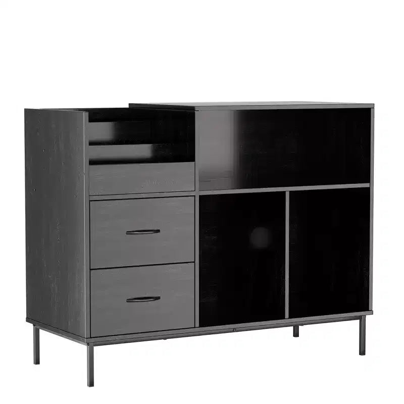 Meuble Hi-Fi avec Rangement, Plateau Relevable, Étagère Tourne-Disque et Tiroirs, Console Audio Média Robuste en Bois et Métal