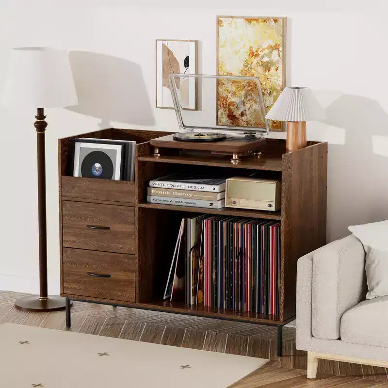 Meuble Hi-Fi avec Rangement, Plateau Relevable, Étagère Tourne-Disque et Tiroirs, Console Audio Média Robuste en Bois et Métal