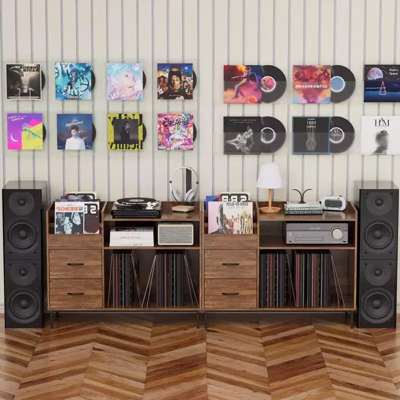 Meuble Hi-Fi avec Rangement, Plateau Relevable, Étagère Tourne-Disque et Tiroirs, Console Audio Média Robuste en Bois et Métal
