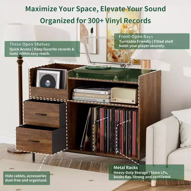Meuble Hi-Fi avec Rangement, Plateau Relevable, Étagère Tourne-Disque et Tiroirs, Console Audio Média Robuste en Bois et Métal