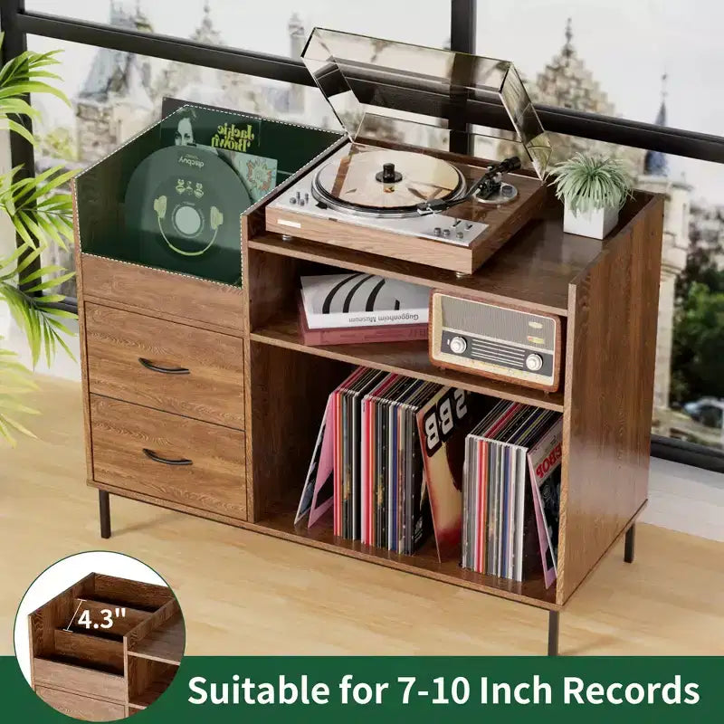 Meuble Hi-Fi avec Rangement, Plateau Relevable, Étagère Tourne-Disque et Tiroirs, Console Audio Média Robuste en Bois et Métal