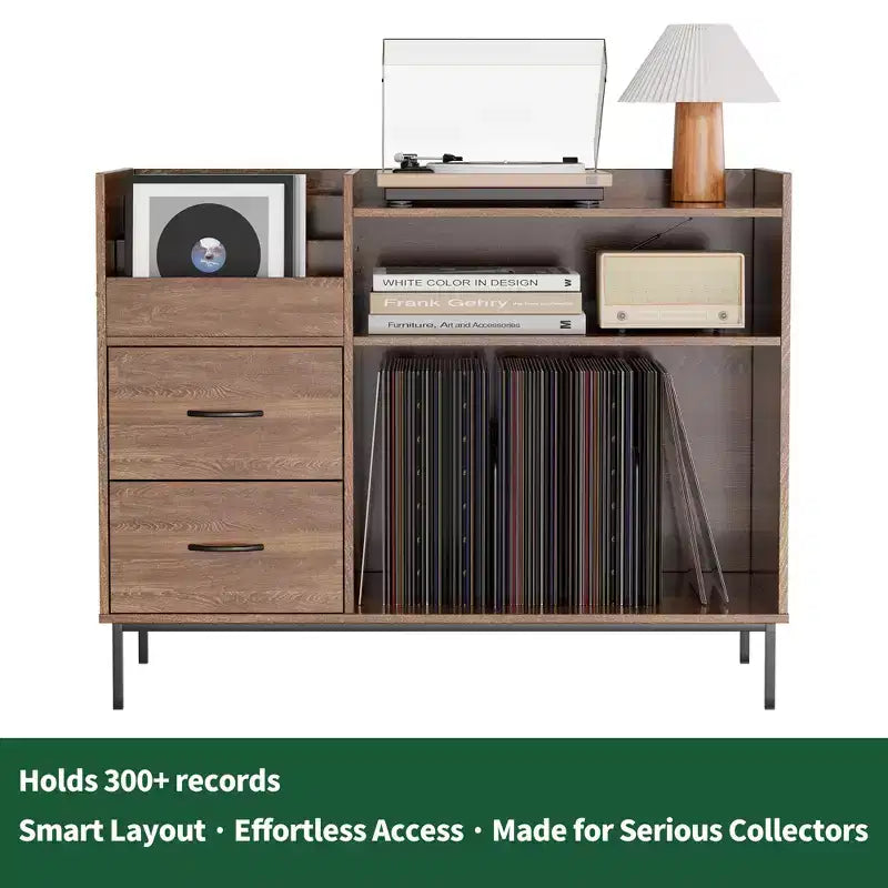 Meuble Hi-Fi avec Rangement, Plateau Relevable, Étagère Tourne-Disque et Tiroirs, Console Audio Média Robuste en Bois et Métal