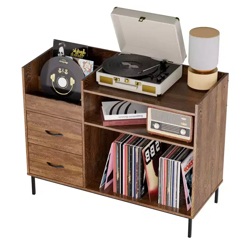 Meuble Hi-Fi avec Rangement, Plateau Relevable, Étagère Tourne-Disque et Tiroirs, Console Audio Média Robuste en Bois et Métal