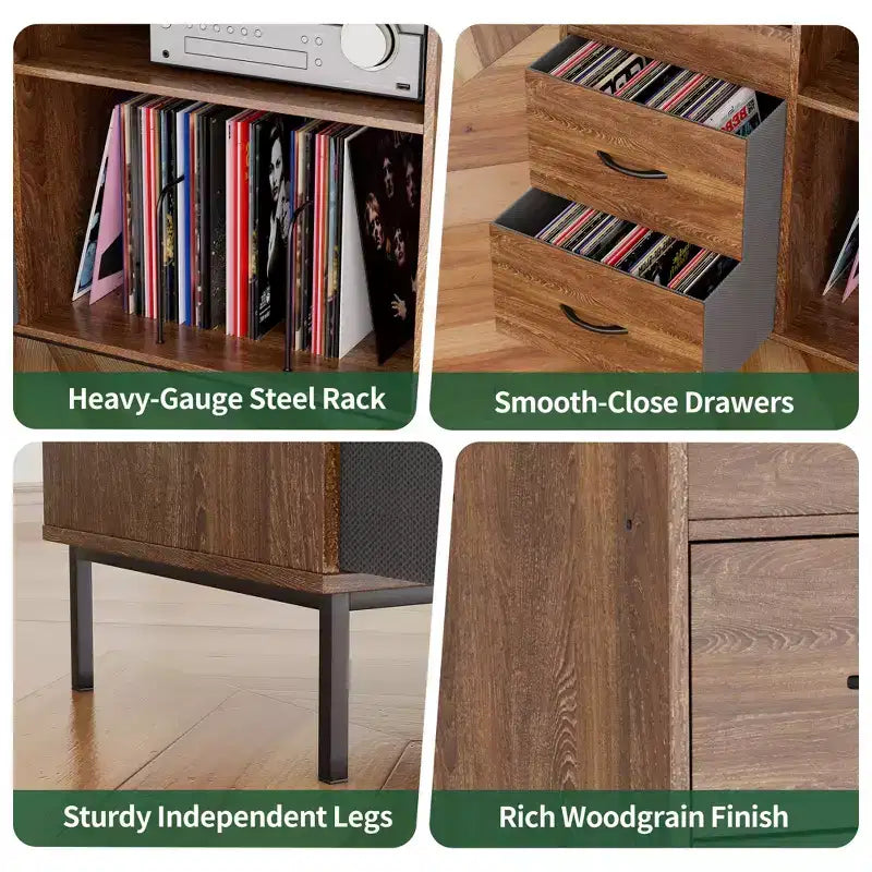 Meuble Hi-Fi avec Rangement, Plateau Relevable, Étagère Tourne-Disque et Tiroirs, Console Audio Média Robuste en Bois et Métal