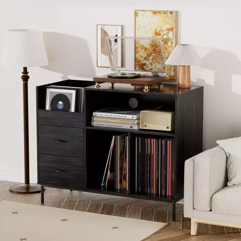 Meuble Hi-Fi avec Rangement, Plateau Relevable, Étagère Tourne-Disque et Tiroirs, Console Audio Média Robuste en Bois et Métal