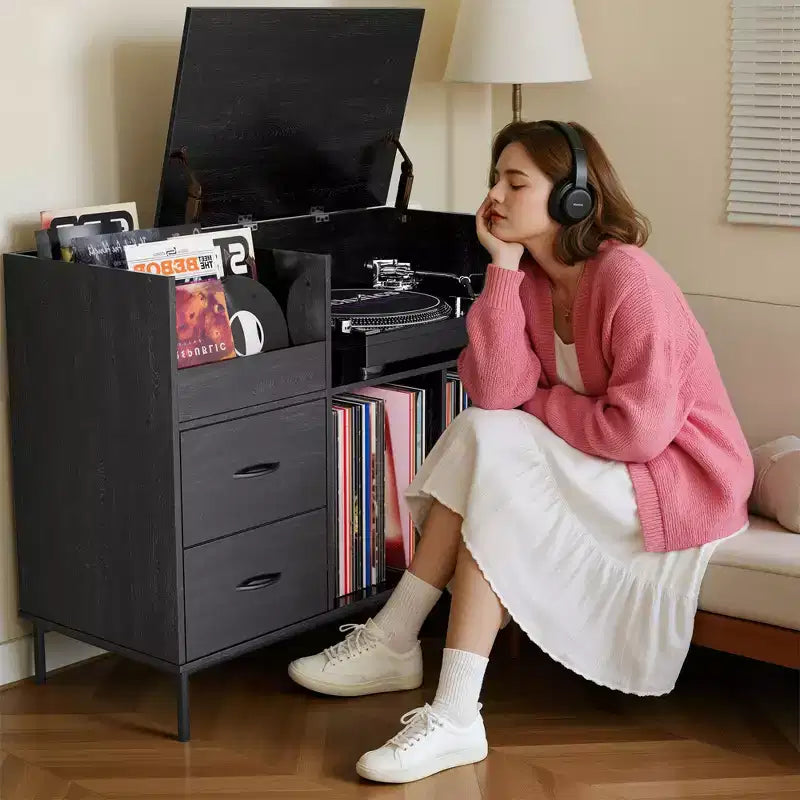 Meuble Hi-Fi avec Rangement, Plateau Relevable, Étagère Tourne-Disque et Tiroirs, Console Audio Média Robuste en Bois et Métal