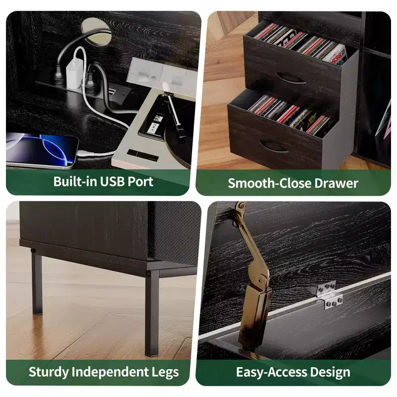 Meuble Hi-Fi avec Rangement, Plateau Relevable, Étagère Tourne-Disque et Tiroirs, Console Audio Média Robuste en Bois et Métal