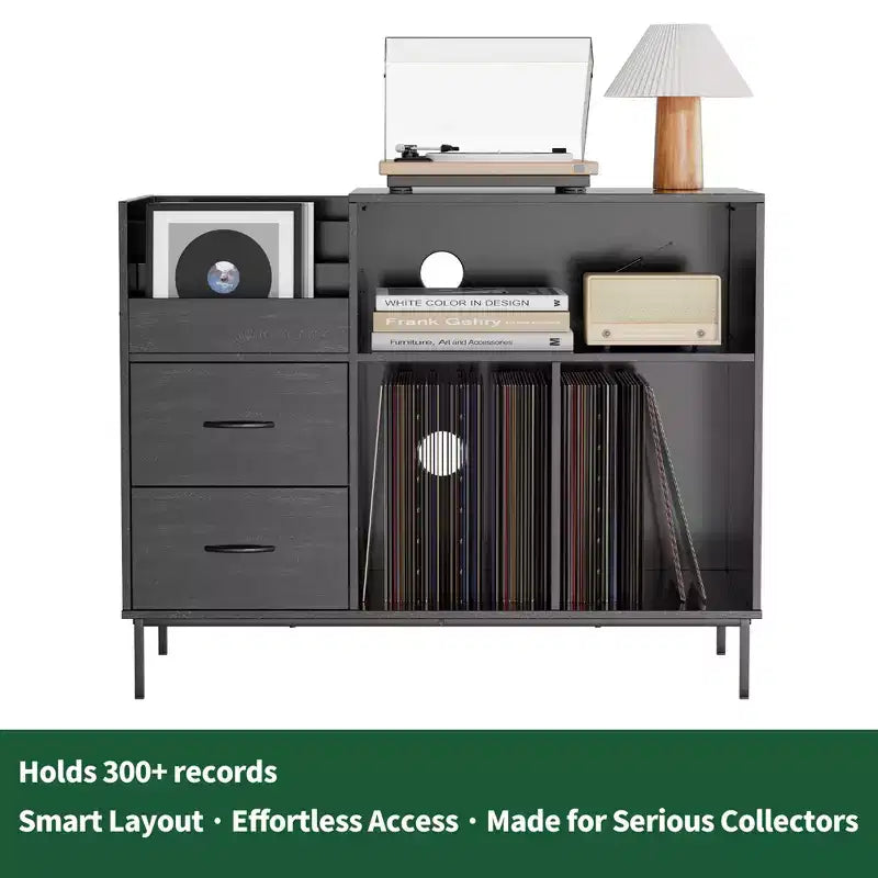 Meuble Hi-Fi avec Rangement, Plateau Relevable, Étagère Tourne-Disque et Tiroirs, Console Audio Média Robuste en Bois et Métal
