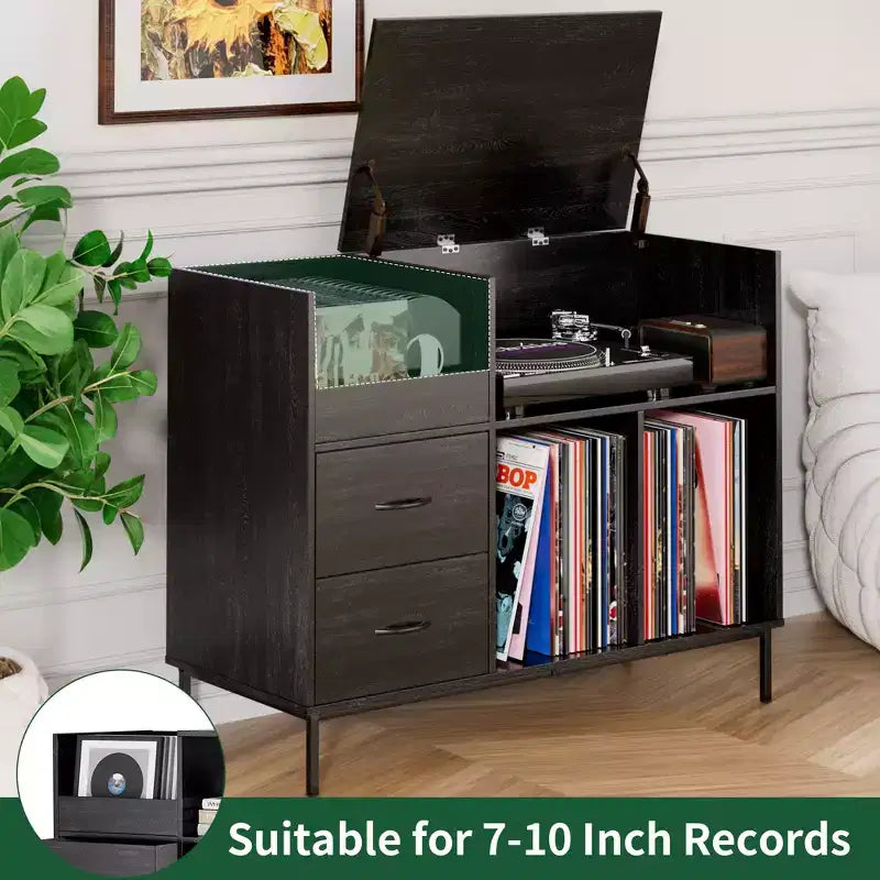 Meuble Hi-Fi avec Rangement, Plateau Relevable, Étagère Tourne-Disque et Tiroirs, Console Audio Média Robuste en Bois et Métal