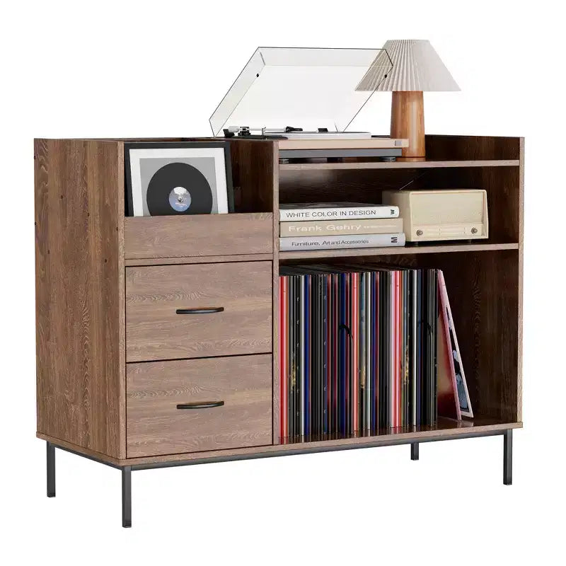 Meuble Hi-Fi avec Rangement, Plateau Relevable, Étagère Tourne-Disque et Tiroirs, Console Audio Média Robuste en Bois et Métal