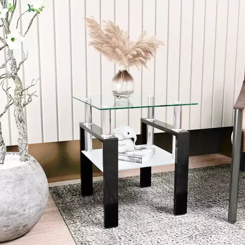 17.72" Square 2-Tier Tempered Glass Coffee Table with Metal Legs for Living Room Bedroom