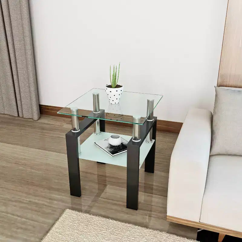 17.72" Square 2-Tier Tempered Glass Coffee Table with Metal Legs for Living Room Bedroom