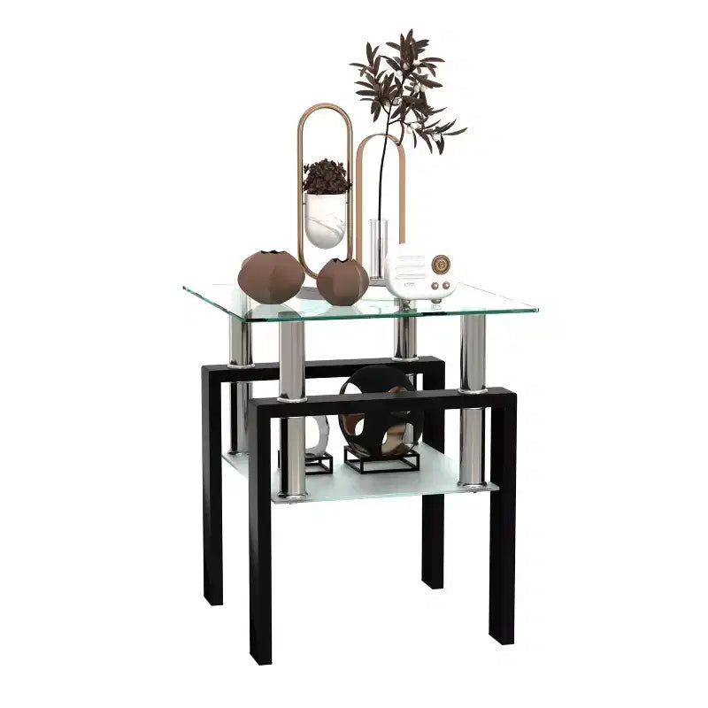 17.72" Square 2-Tier Tempered Glass Coffee Table with Metal Legs for Living Room Bedroom