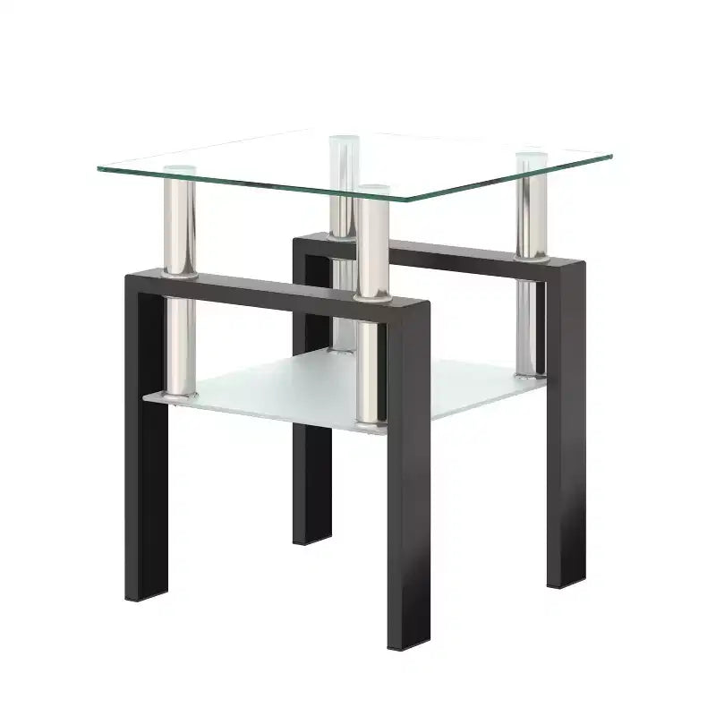 Table basse carrée à 2 niveaux en verre trempé de 45 cm avec pieds en métal pour salon chambre à coucher