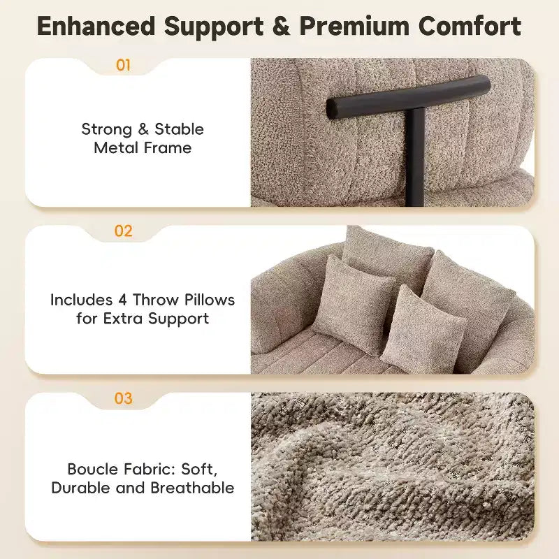 Chaise longue nuage en boucle surdimensionnée de 162 cm, canapé sans armature avec support métallique pour salon/chambre à coucher
