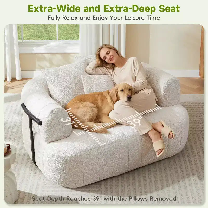 Chaise longue nuage en boucle surdimensionnée de 162 cm, canapé sans armature avec support métallique pour salon/chambre à coucher