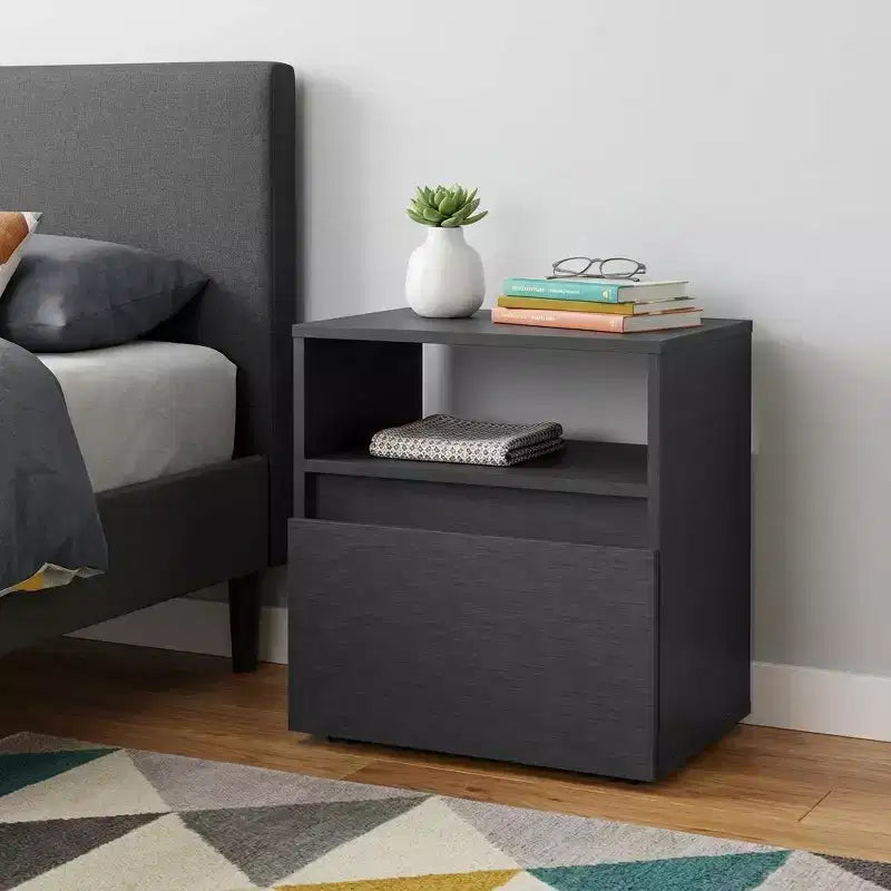 21" Black Wood One Drawer Nightstand with Open Shelf