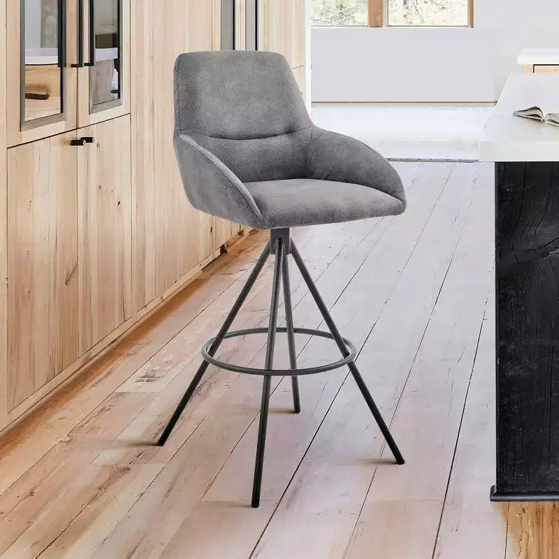 30" Bar Height Swivel Barstool Black Charcoal Fabric Matte Metal Frame