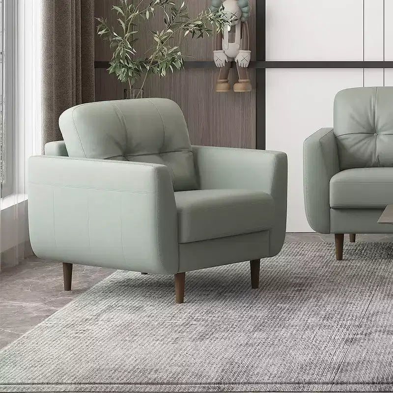 35" Button-Tufted Leather Accent Chair Pesto Green with Wood Legs