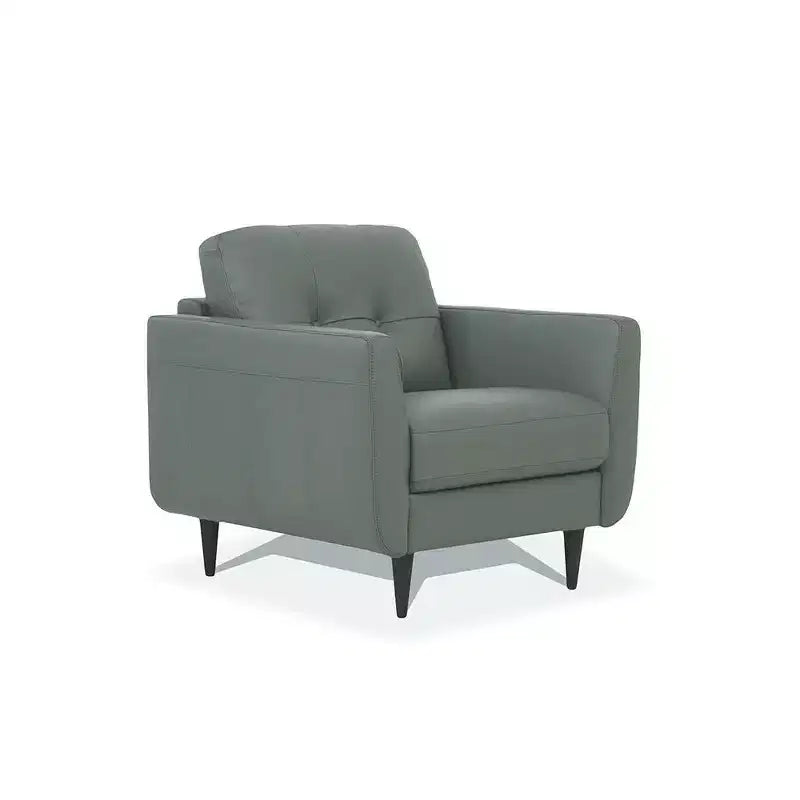 35" Button-Tufted Leather Accent Chair Pesto Green with Wood Legs