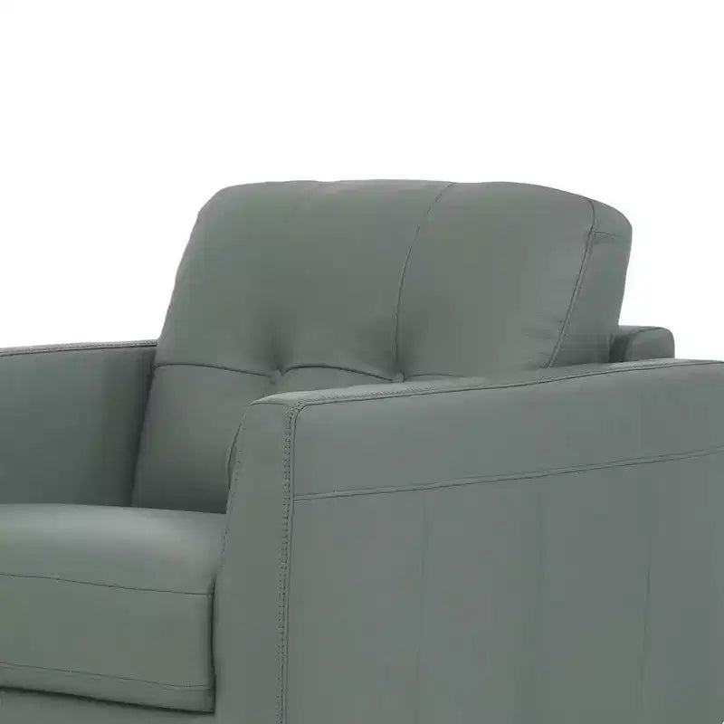 35" Button-Tufted Leather Accent Chair Pesto Green with Wood Legs