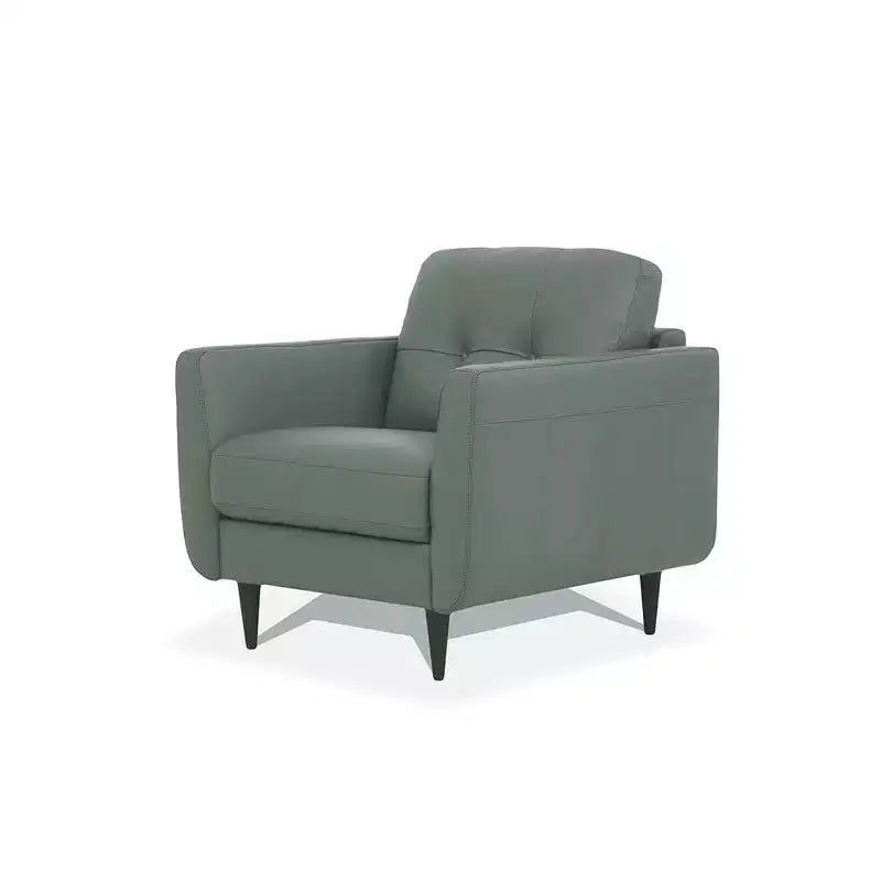 35" Button-Tufted Leather Accent Chair Pesto Green with Wood Legs