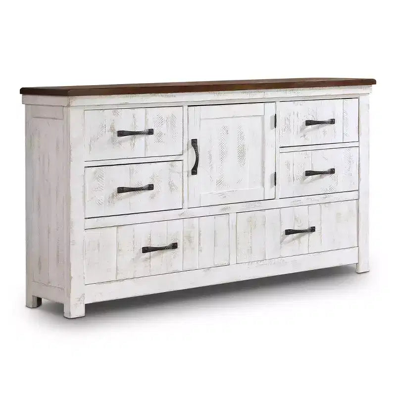 Commode rustique à 6 tiroirs, blanc vieilli/noyer, meuble de rangement de style antique