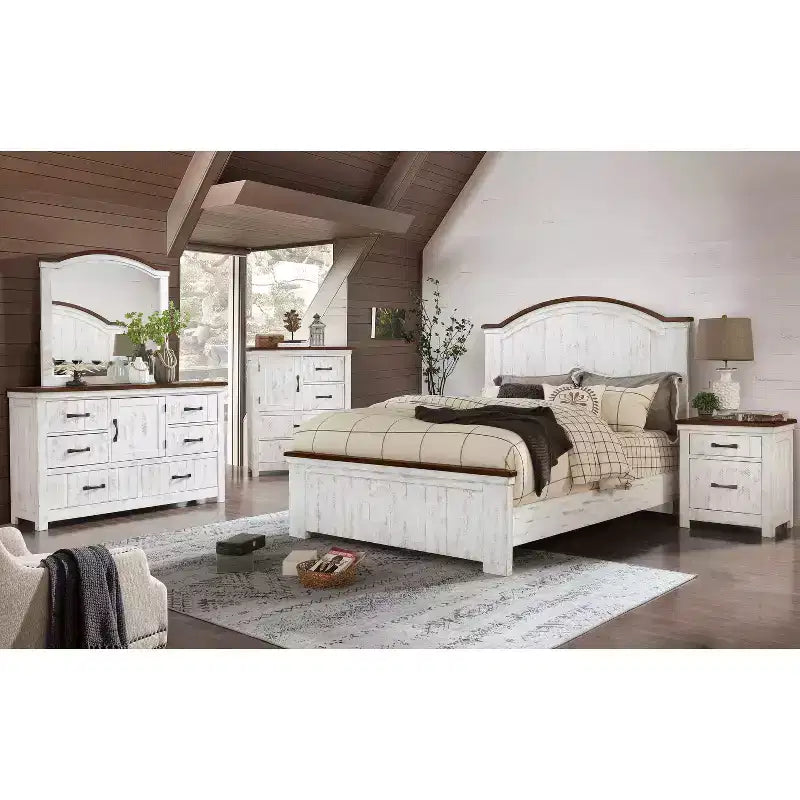 Commode rustique à 6 tiroirs, blanc vieilli/noyer, meuble de rangement de style antique