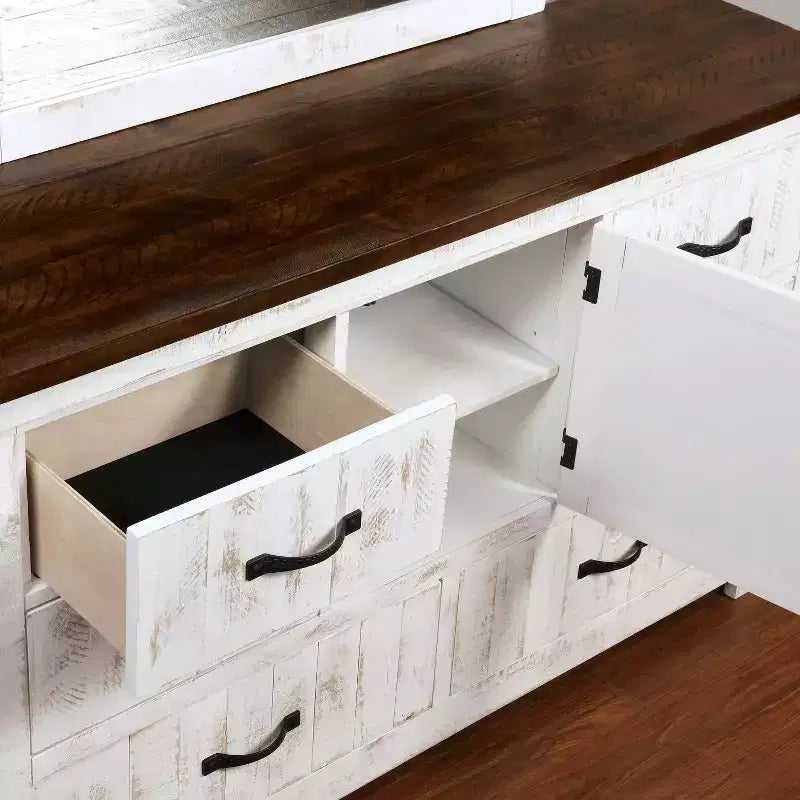 Commode rustique à 6 tiroirs, blanc vieilli/noyer, meuble de rangement de style antique