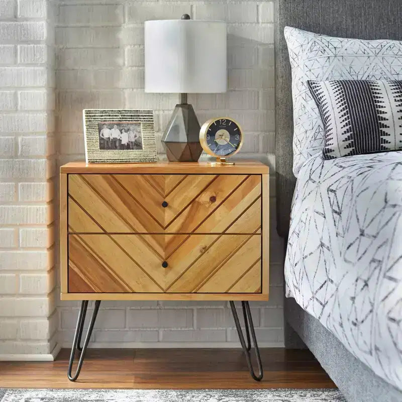 2-Drawer Mid Century Modern Nightstand, Oak Finish, Wood Veneer, Acacia & Rubberwood