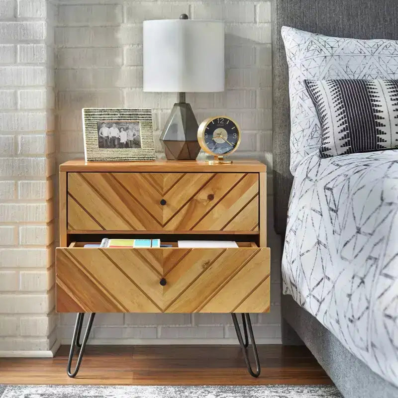 2-Drawer Mid Century Modern Nightstand, Oak Finish, Wood Veneer, Acacia & Rubberwood