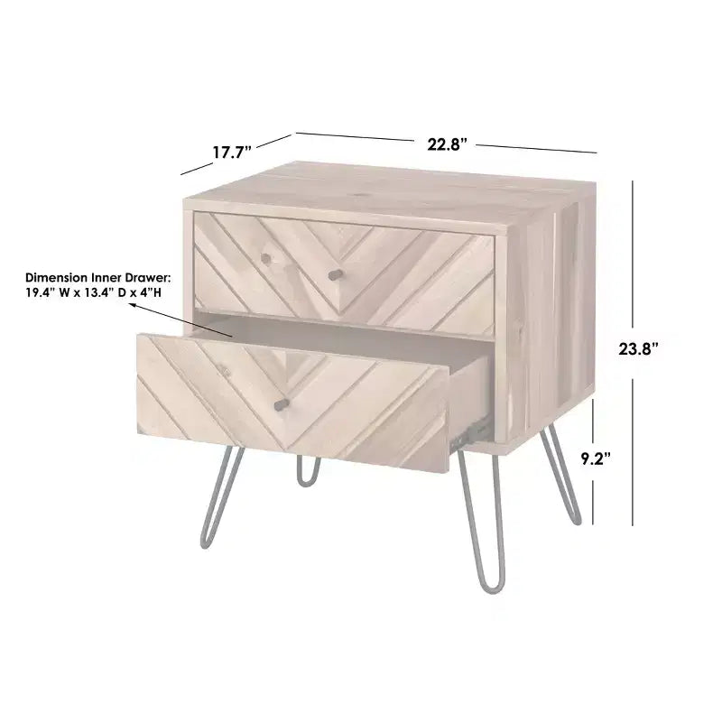Table de chevet moderne du milieu du siècle à 2 tiroirs, finition chêne, placage bois, acacia et hévéa