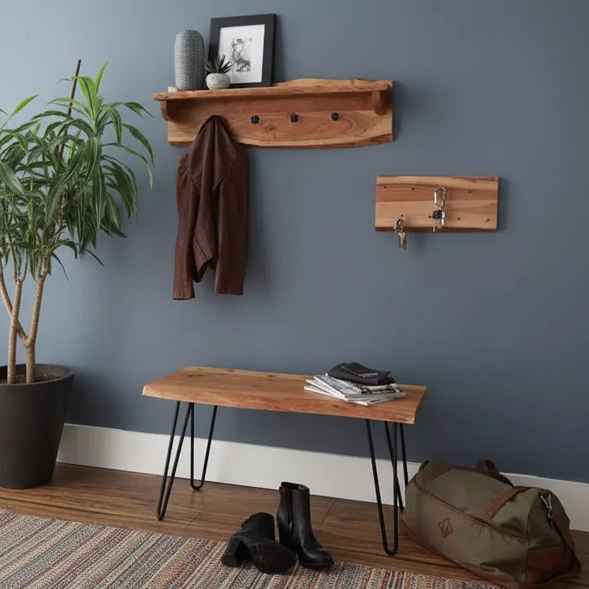 36" Hairpin Live Edge Wood Storage Bench with Coat Hook Shelf Set Natural