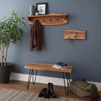Banc de rangement en bois à bords bruts avec pieds épingle de 91 cm et étagère murale avec patères - Naturel