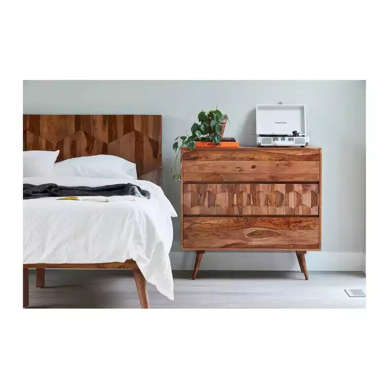 Queen Platform Bed in Brown, Mid-Century Style with Wood Headboard