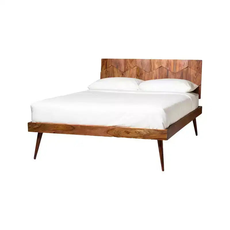Queen Platform Bed in Brown, Mid-Century Style with Wood Headboard